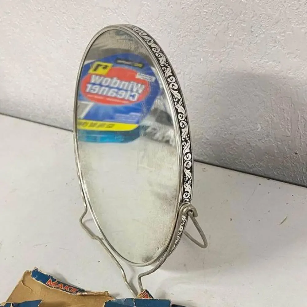 Vintage Circular Double Sided Makeup Vanity Mirror Silver Stainless W Box - HLBN